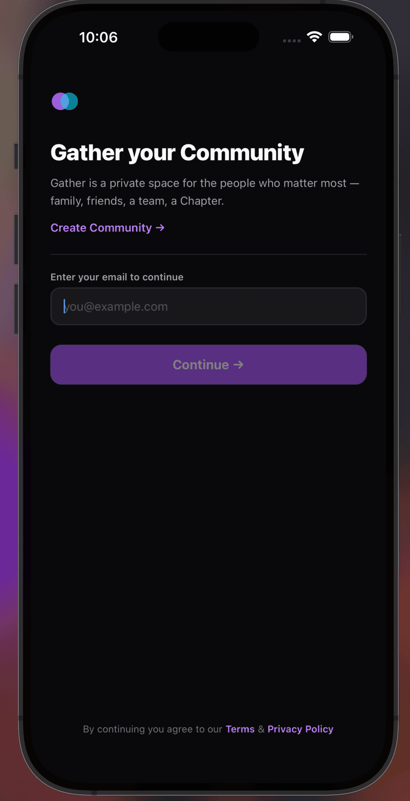 Login screen — tap Create Community