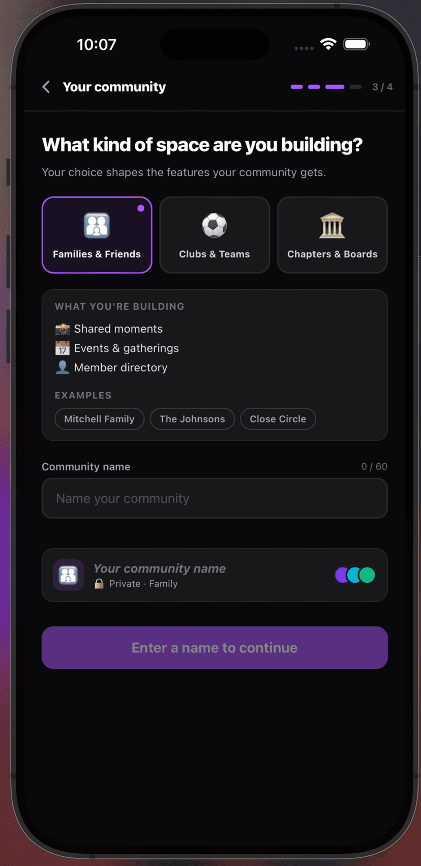 Community type selection screen